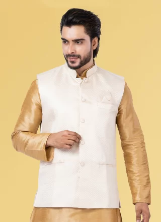 White Silk Nehru Jackets with Diamond Work for Men