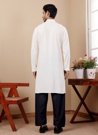 White Viscose Chikankari and Embroidered Work Kurta Mens Wear for Men