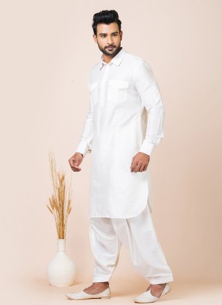 White Viscose Plain Work Kurta Pyjama