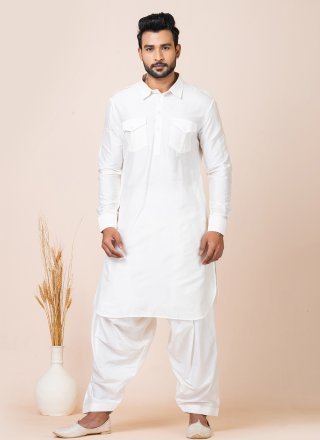 White Viscose Plain Work Kurta Pyjama