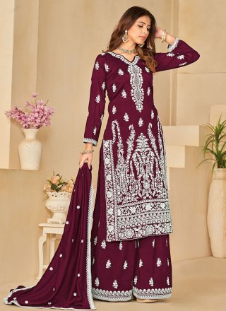 Wine Art Silk Embroidered Work Palazzo Salwar Suit for Ceremonial