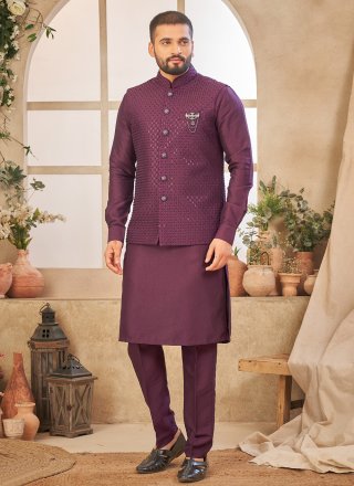 Wine Art Silk Kurta Payjama with Jacket with Embroidered Work for Men