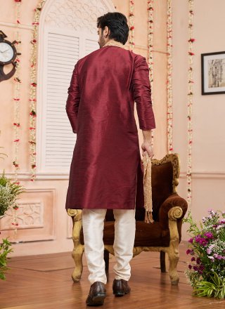Wine Art Silk Plain Work Kurta Pyjama for Ceremonial