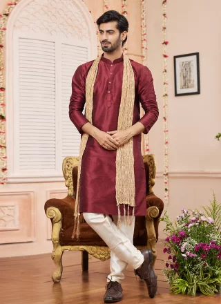 Wine Art Silk Plain Work Kurta Pyjama for Ceremonial
