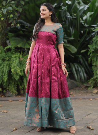 Wine Banarasi Jacquard Weaving Work Designer Gown for Festival
