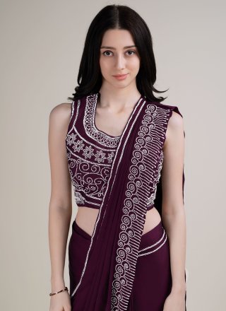 Wine Beads and Stone Work Satin Silk Classic Sari