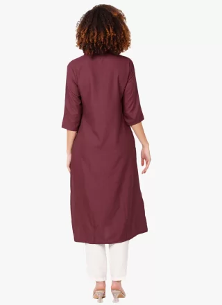 Wine Blended Cotton Casual Kurti with Embroidered Work
