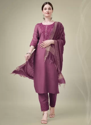 Wine Blended Cotton Embroidered and Sequins Work Salwar Suit for Women