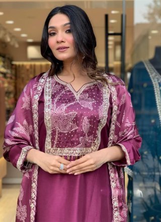 Wine Chanderi Embroidered and Print Work Pant Style Suit for Festival