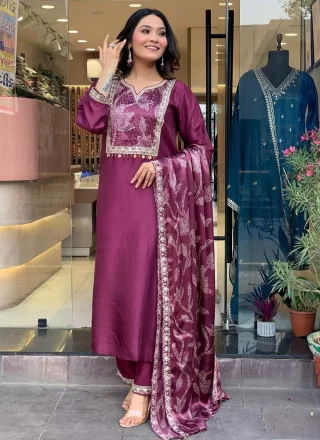 Wine Chanderi Embroidered and Print Work Pant Style Suit for Festival