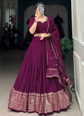 Wine Chanderi Lehenga Choli with Patch Border, Weaving and Zari Work