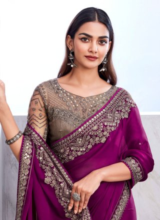 Wine Chiffon Patch Border and Embroidered Work Trendy Saree