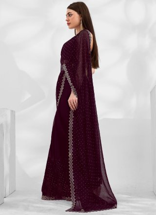 Wine Chiffon Patch Border, Cut Dana and Swarovski Work Contemporary Sari for Women