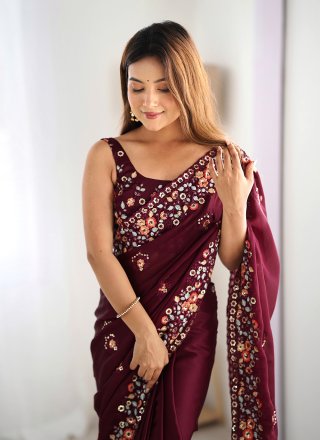 Wine Chiffon Satin Classic Sari