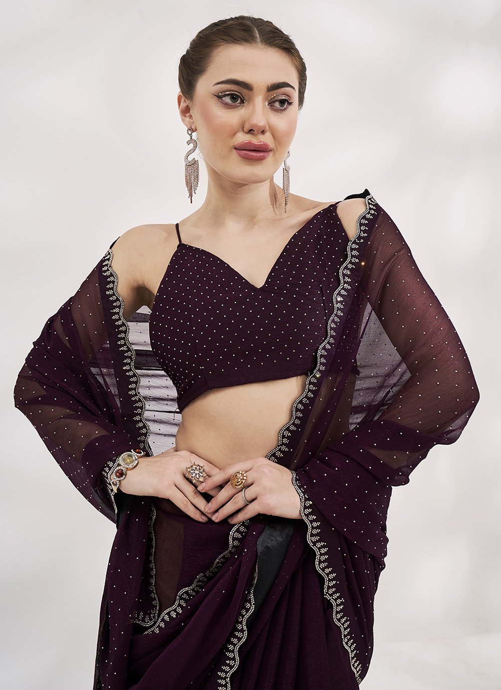 Shop Wine Chiffon Trendy Saree with Swarovski Work for Women