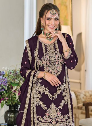 Wine Chinon Punjabi Salwar Suit with Embroidered, Mirror and Sequins Work