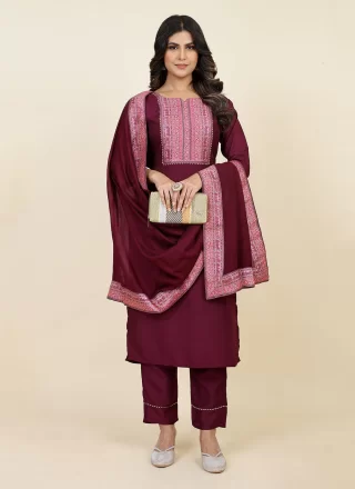 Wine Chinon Readymade Salwar Suit with Print Work for Ceremonial