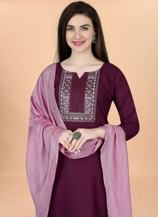 Wine Cotton Readymade Salwar Suit with Embroidered Work for Women