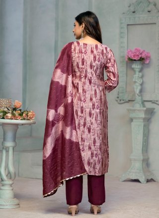 Wine Cotton Salwar Suit with Embroidered and Print Work for Women