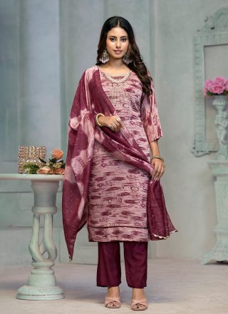 Wine Cotton Salwar Suit with Embroidered and Print Work for Women