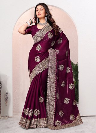 Wine Crepe Silk Classic Sari with Cord, Diamond and Embroidered Work