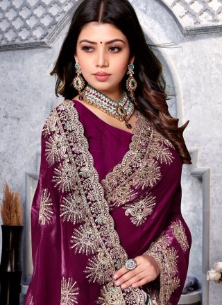 Wine Crepe Silk Cord, Diamond and Embroidered Work Classic Sari for Party