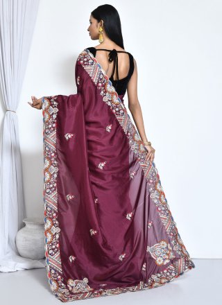 Wine Crepe Silk Embroidered and Sequins Work Trendy Saree