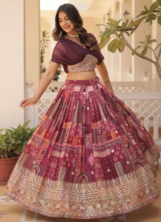 Wine Digital Print, Embroidered and Foil Print Work Silk Readymade Lehenga Choli