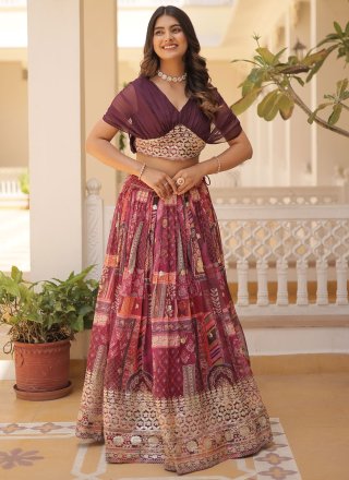 Wine Digital Print, Embroidered and Foil Print Work Silk Readymade Lehenga Choli