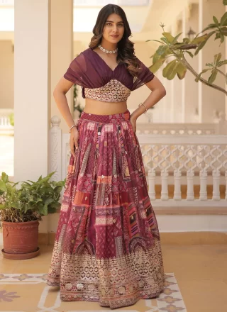 Wine Digital Print, Embroidered and Foil Print Work Silk Readymade Lehenga Choli