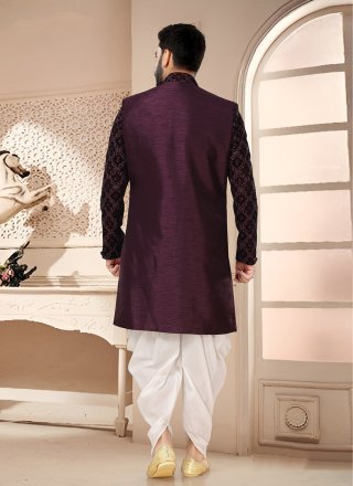 Wine Embroidered and Sequins Work Silk Sherwani Mens Wear