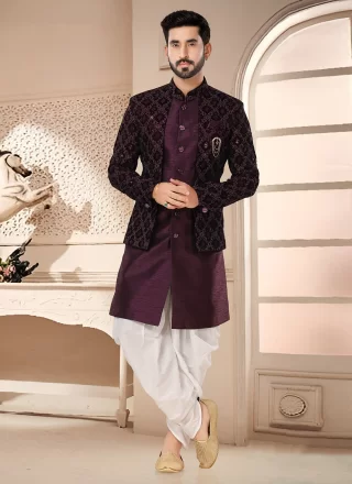 Wine Embroidered and Sequins Work Silk Sherwani Mens Wear
