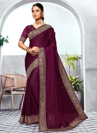 Wine Embroidered and Swarovski Work Art Silk Trendy Saree