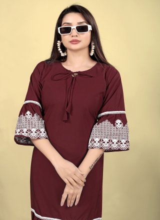 Wine Embroidered and Thread Work Cotton Casual Kurti