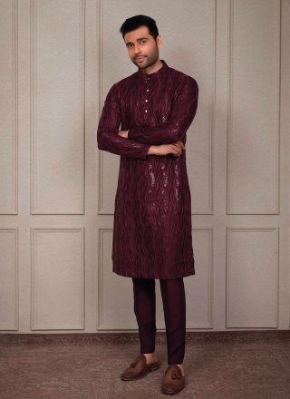 Wine Embroidered Work Silk Kurta Pyjama