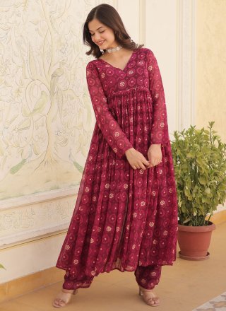 Wine Faux Georgette Casual Kurti with Foil Print Work