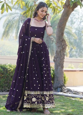 Wine Faux Georgette Embroidered and Sequins Work  Designer Gown for Ceremonial