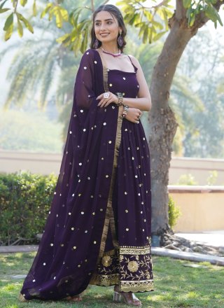 Wine Faux Georgette Embroidered and Sequins Work  Designer Gown for Ceremonial