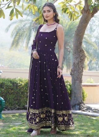 Wine Faux Georgette Embroidered and Sequins Work  Designer Gown for Ceremonial