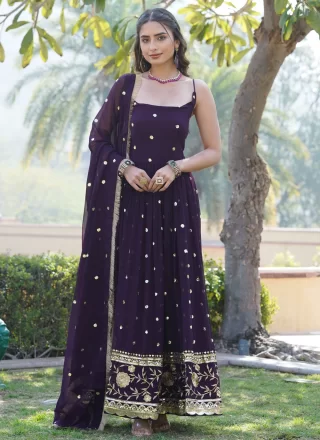 Wine Faux Georgette Embroidered and Sequins Work  Designer Gown for Ceremonial