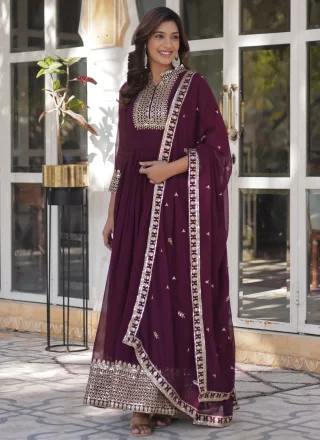 Wine Faux Georgette Embroidered and Sequins Work  Designer Gown for Ceremonial