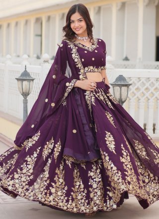 Wine Faux Georgette Embroidered, Sequins and Thread Work Lehenga Choli