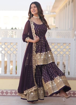 Wine Faux Georgette Embroidered, Sequins and Thread Work Salwar Suit for Women