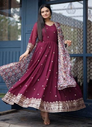 Wine Faux Georgette Embroidered, Sequins and Zari Work  Designer Gown for Ceremonial