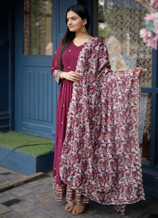 Wine Faux Georgette Embroidered, Sequins and Zari Work  Designer Gown for Ceremonial