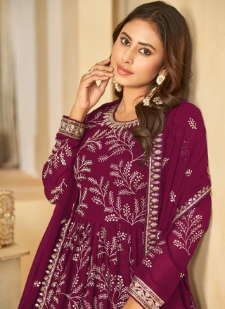 Wine Faux Georgette Salwar Suit with Embroidered and Sequins Work