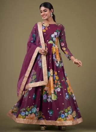 Wine Faux Georgette Trendy Suit with Digital Print, Sequins and Zari Work