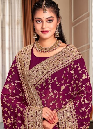 Wine Georgette Cord, Diamond and Embroidered Work Trendy Saree