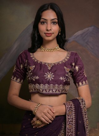 Wine Georgette Cord, Embroidered and Sequins Work Classic Sari for Casual