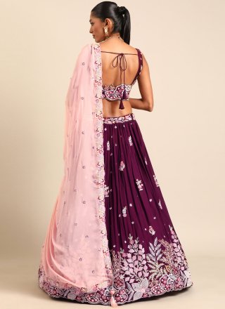 Wine Georgette Cord, Embroidered, Sequins and Thread Work Lehenga Choli for Women